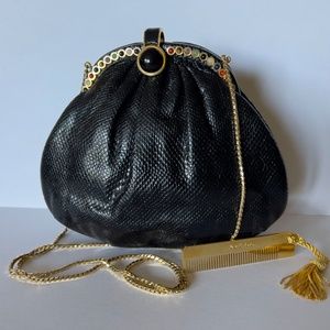 Judith Leiber Vintage 1980s Black Snakeskin clamshell gold clutch, Vintage Comb